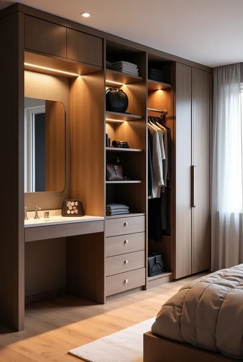 Create an image of the corner of a master bedroom, where it is planned to place a multifunctional piece of furniture for storing clothes, including a dedicated space for hanging suits and a make-up area. The furniture should cover both walls of the corner,...