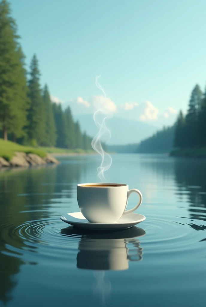 A cup of coffee in the middle of a river
