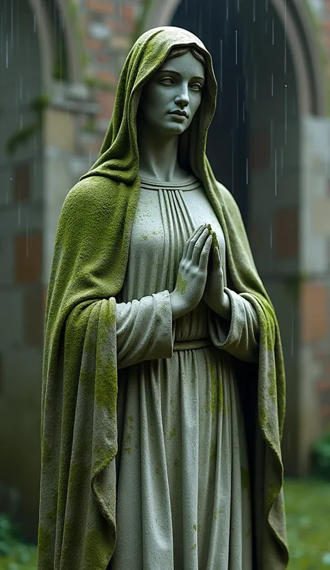 Virgin Mary, Old stone statue,Half broken, Weathered, Mossy, Raindrops