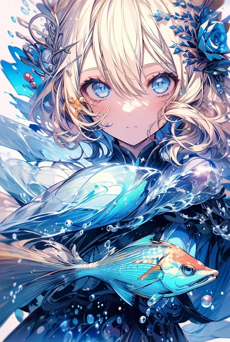 One girl, High-resolution model, Blonde, blue eyes，water droplets，water droplets，Starlight，Sailor suit，Blue Rose，Stars in my eyes，Fish around，