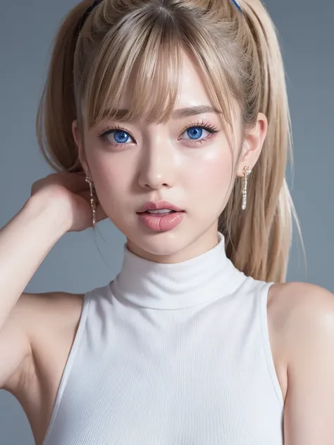 ((Highest quality)), ((masterpiece)), (High-definition photos), (upper ponytail), (Blonde), (bangs),  (beautiful girl), False eyelashes, ((bukkake)),  (Sticking out tongue), (earrings), white sleeveless turtleneck dress with a ribbed texture and a bodycon ...