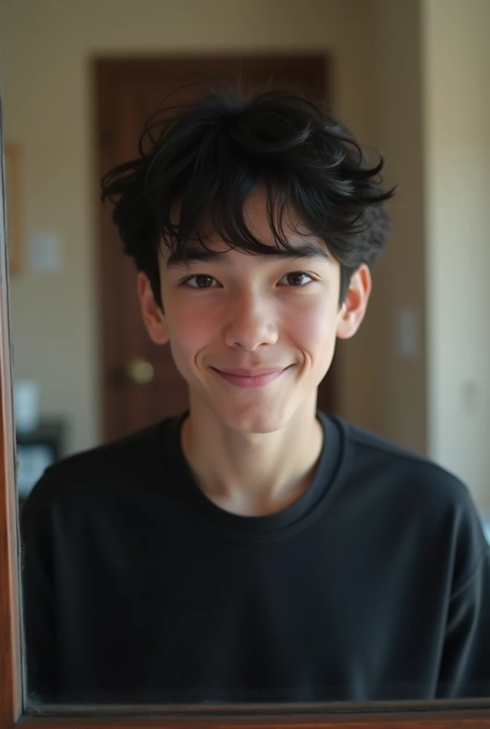 A teen boy with white skin and black hair, brown eyes and a slight mischievous smile, approximately 1, black sweatshirt, spontaneous and realistic photo of him taking a selfie in the mirror.