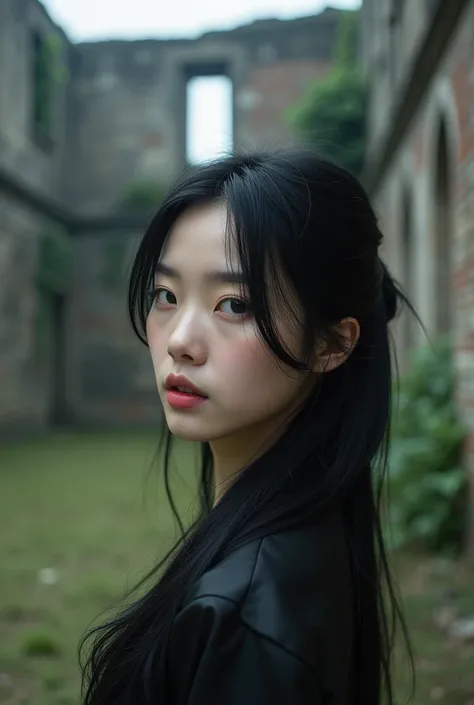 Korean idol girl with black hair, serious face. traits and delicate makeup. Make her further away from the camera looking into something away and in a scenario with a ruined castle.