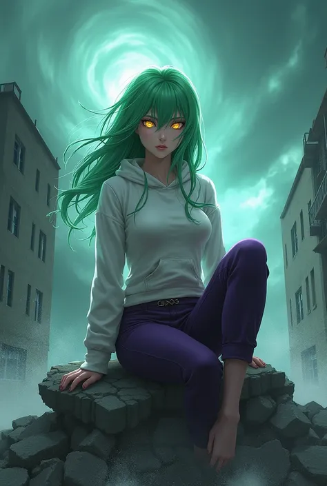 A strong looking white woman has green hair with golden eyes wearing dark purple pants with a white hoodie is sitting on a collapsed building while there is a storm and has anime style shark teeth 