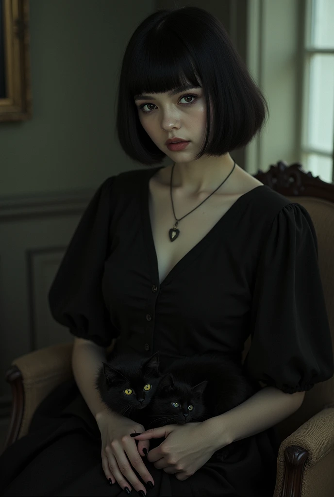 drawning: Old portrait of dark woman with short black hair and bangs, dressed in black with 2 black kittens on her lap, looking at the photographer.