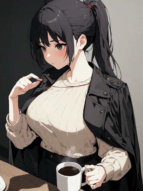 Black hair ponytail、Her ponytail is tied with a red string、A black coat simply worn over the shoulders、Beige knitted sweater、Black trousers、I have dark circles under my eyes from lack of sleep.、A woman with a breast size of E cup、Coffee in a mug in the rig...