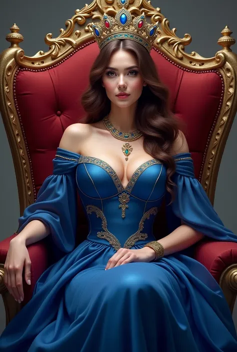 queen blue dress big breast brown hair crown sitting on a chair 