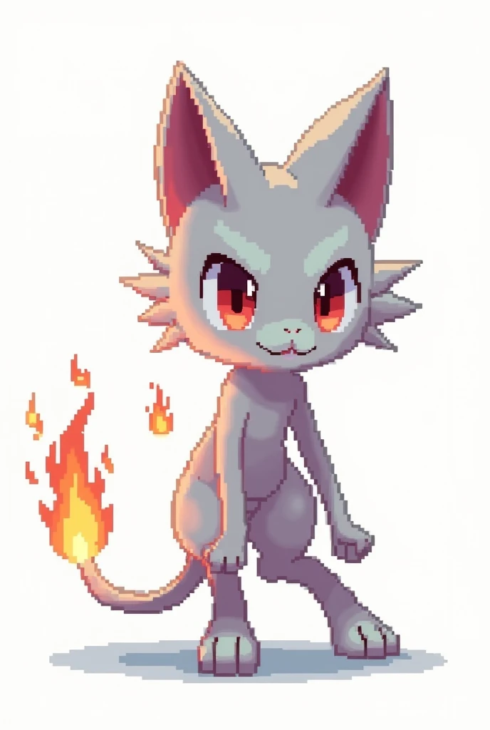 Pokemon, catboy, white background, pixel art, looking to the right feline features fire
