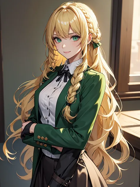 green eyes, blonde hair with long bangs, noble. wavy long hair. strong woman. she quiet. dominant woman. hair so long. adult women. outfit green.  she is hitman. wear modern jacket. gangster, girl boss, badass woman. black nai, facing forward, her expressi...