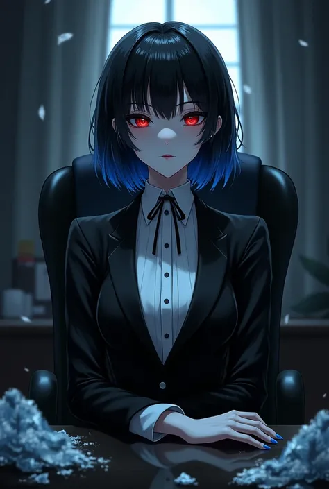 A white woman with short black hair with blue tips has red eyes is dressed in a tuxedo and is sitting in a chair in front of a black desk in a dark office with ice (anime style)