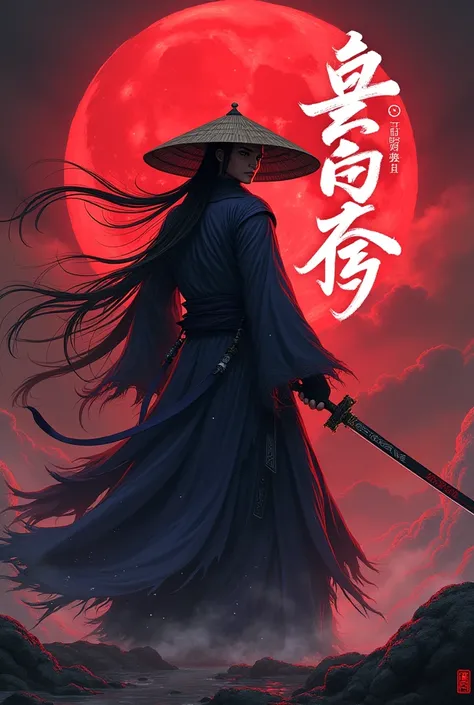 Upper moon 1 kokoshibo with red moon in the background showing his sword and writing something cool in Chinese on the moon and wearing a straw hat and writing something cool in Chinese on the moon with white color the image has to be in anime