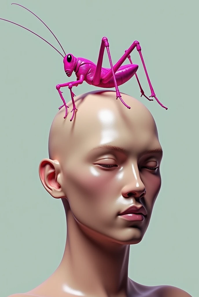 create an image of a funky pink cricket on a bald man&#39;s head