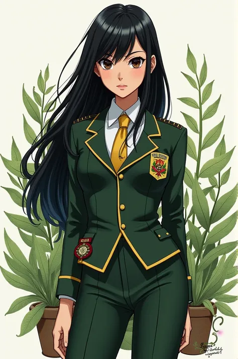 Be a character from Boku no Hero Academia with the following characteristics: be a mestizo with long black hair and dark brown eyes, short, Peruvian, know how to cook and be studious, wear the UA uniform and have plant powers. 