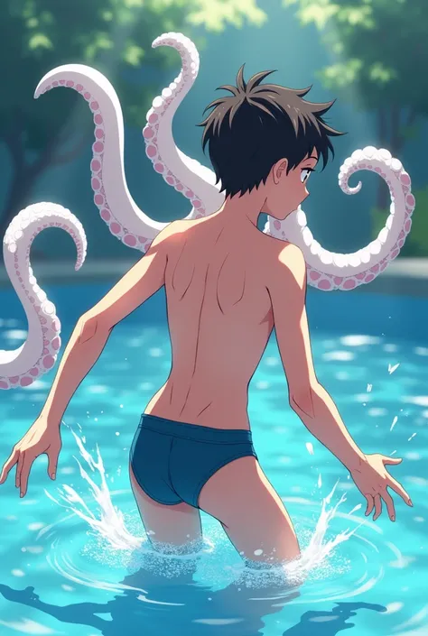 Anime boy in wet underwear coming out of the pool with white tentacles grabbing him and entering his mouth and butt 4K definition