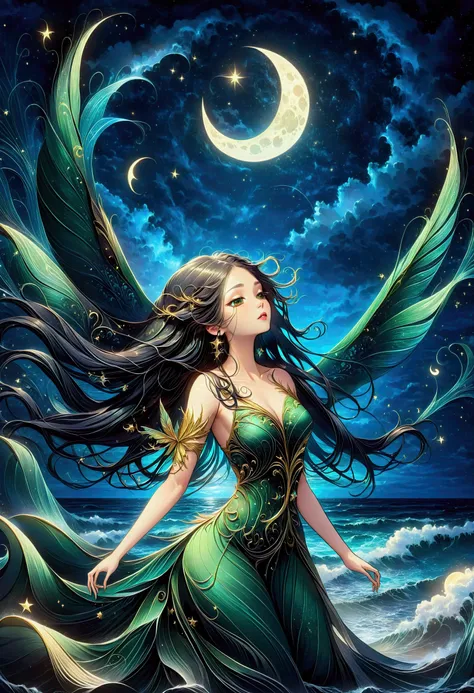 mysterious bird winged siren, long flowing hair, ocean waves, moonlight, stars, ethereal, seaweed, enchanting, eerie, ancient ma...