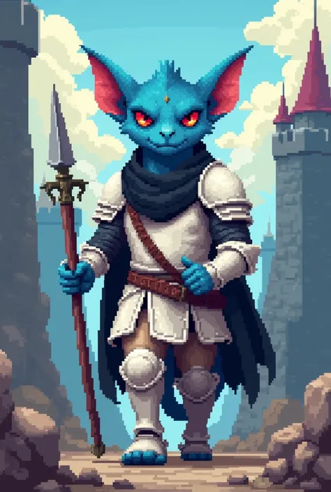 pixel style illustrative art, 5 fingers,2 arms, 2legs, 1 tail, kobold lizard head,kobold face, Kobold azul, blue fur, usando armadura branca de paladin, paladin , Eyes red,serious face,Medieval castle setting, holding an epée, Black scarf on neck,walking,s...