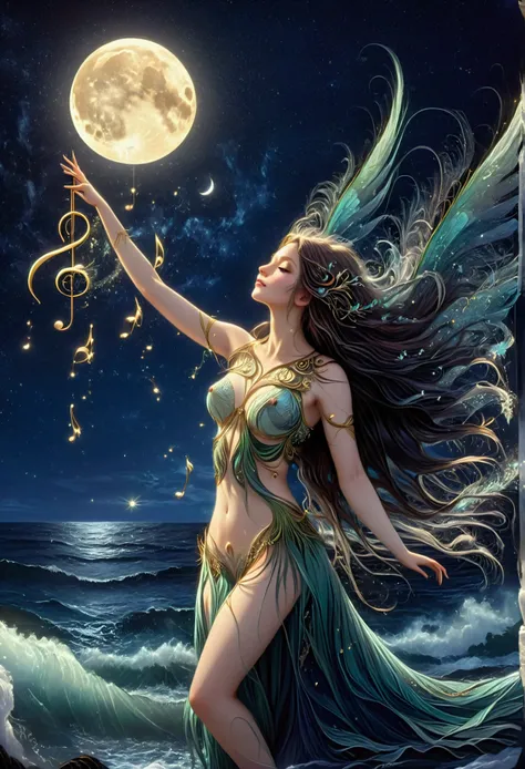 mysterious bird winged siren, long flowing hair, ocean waves, moonlight, stars, ethereal, seaweed, enchanting, eerie, ancient ma...