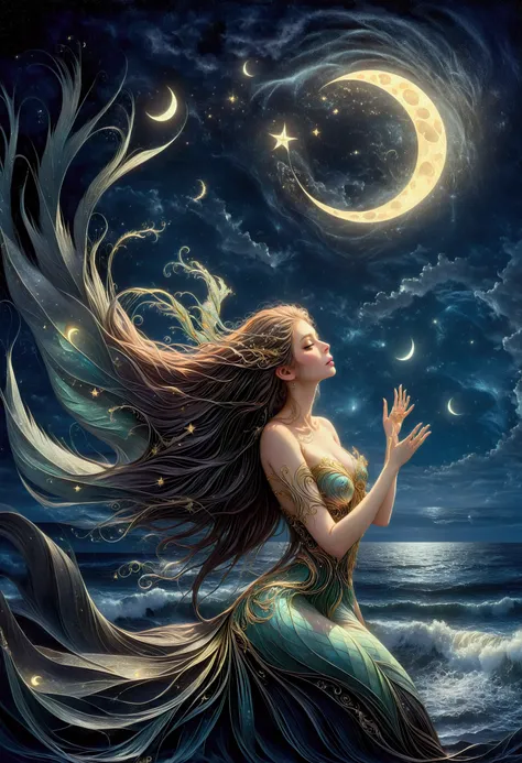 mysterious bird winged siren, long flowing hair, ocean waves, moonlight, stars, ethereal, seaweed, enchanting, eerie, ancient ma...