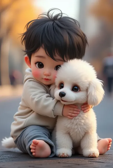 ((masterpiece, Highest quality))((high resolution))8 month old baby in street clothes、Black wavy short hair、Dark round eyes、Close your mouth completely、I&#39;m hugging a round-faced white toy poodle baby.,8K quality