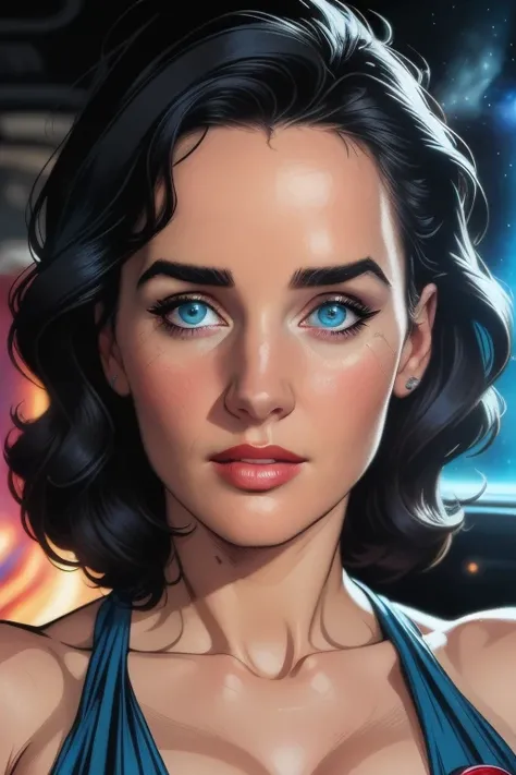 1girl, Jennifer Connelly, astronaut, pinup style, 1950s, beautiful detailed eyes, beautiful detailed lips, extremely detailed face and features, cinematic lighting, dramatic pose, dynamic composition, glowing nebulae, cosmic background, intricate details, ...