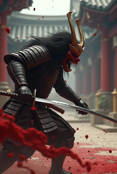 Samurai with hannya mask in battle with blood in a temple