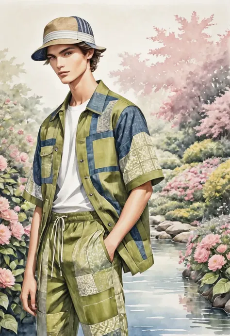 candid fashion illustration of young male supermodels, 20 year old, tall and slender, ((showcase in fashionable linen outfits in...