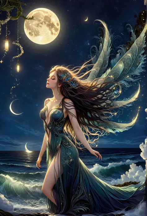 mysterious bird winged siren, long flowing hair, ocean waves, moonlight, stars, ethereal, seaweed, enchanting, eerie, ancient ma...