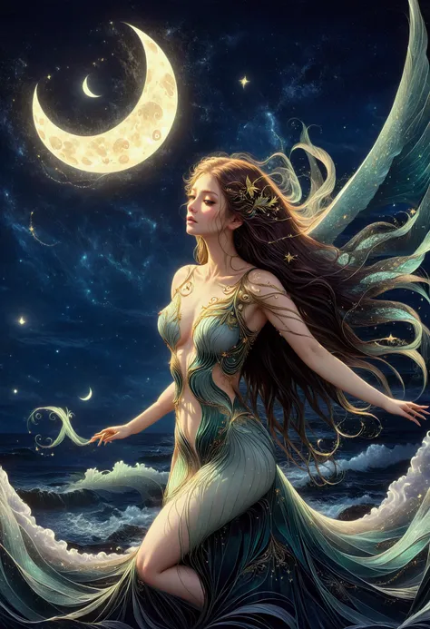 mysterious bird winged siren, long flowing hair, ocean waves, moonlight, stars, ethereal, seaweed, enchanting, eerie, ancient ma...