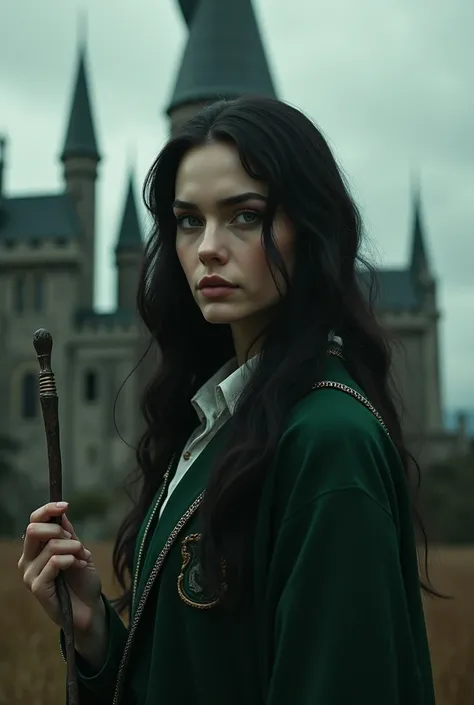 I want a picture of Lana del Rey as a Hogwarts student, belonging to the house of Slytherin, with a wand and a background in which you can see the Hogwarts castle 
