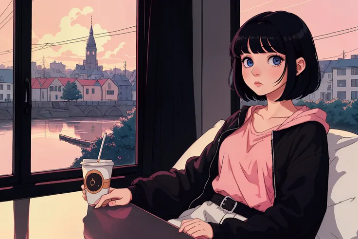 a girl with short black hair and cat, wearing dark clothes,with shiny hair with a relaxing atmosphere. night,coffe, she is a lit...