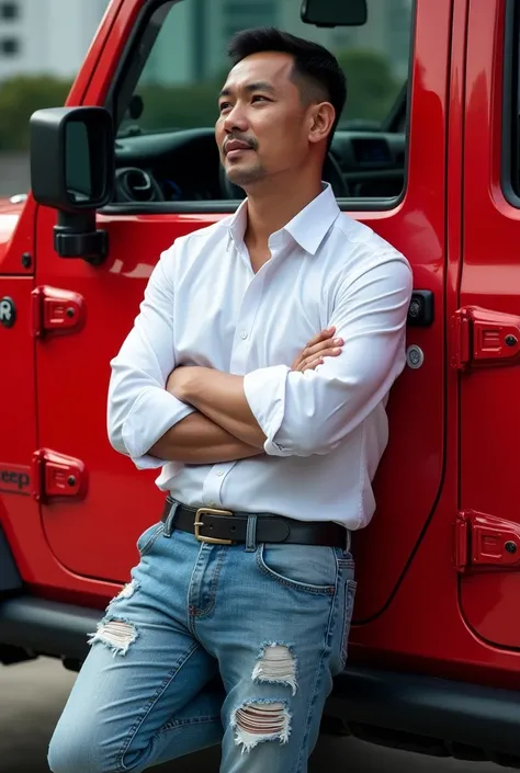 Photo of a 40 year old Indonesian man, clean face, black hair, wearing a white shirt, torn jeans, Nike Jordan shoes, standing leaning against a red Rubicorn Jeep, while folding his arms