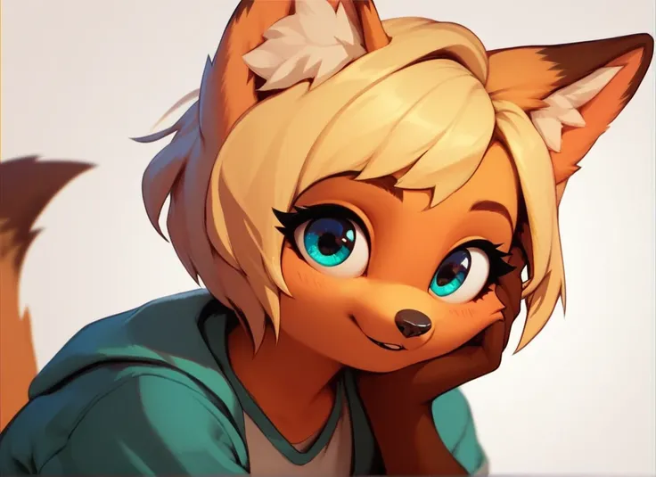 1girl, fox girl, cute fox, anthro, short hair, blonde hair, half-body