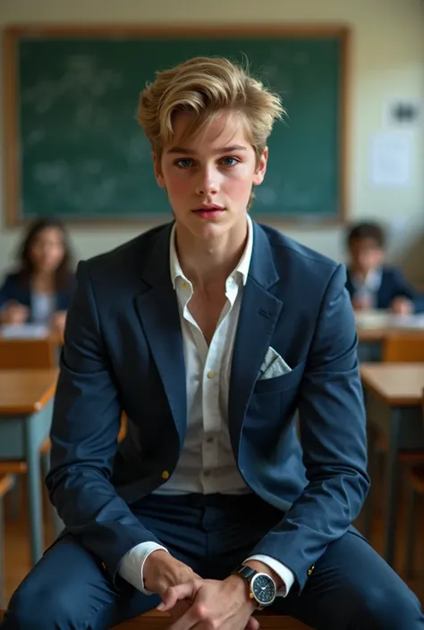 a very handsome young blond student, sitting in class with legs open