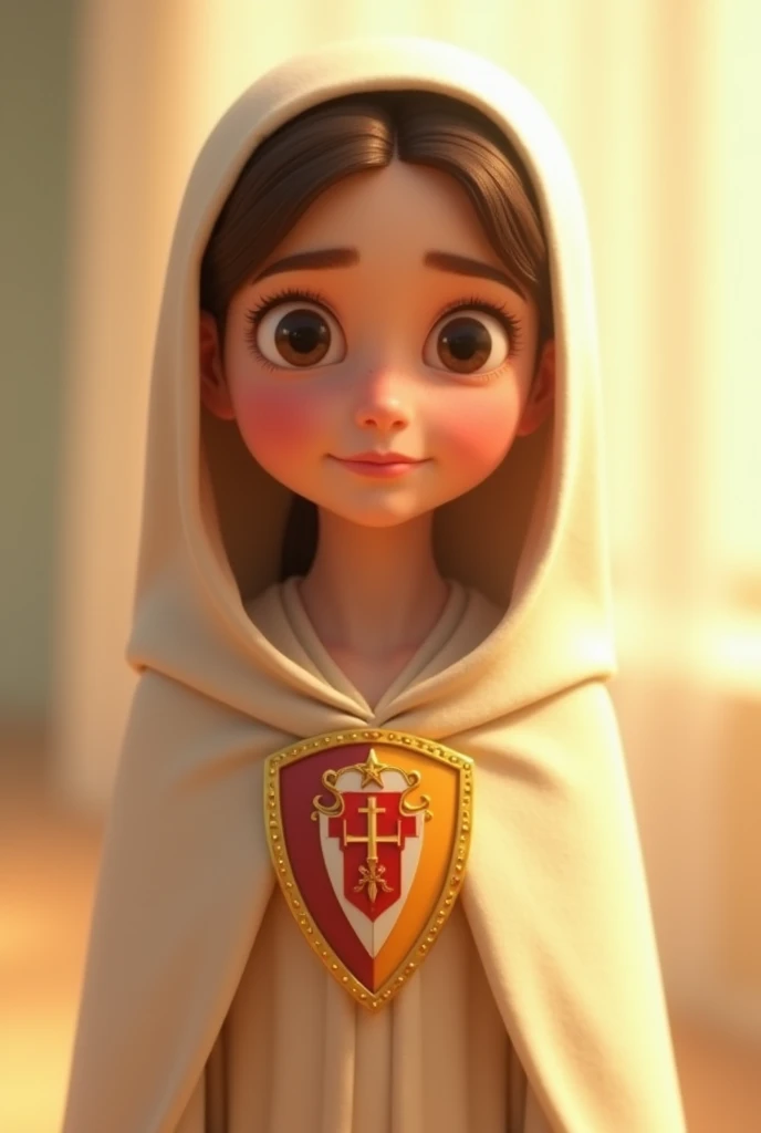 Create an image of the Virgin Mary of Mercy, represented as a girl. The style should be similar to that of Pixar movies, with a friendly and charming appearance. The Virgin must wear a cream-colored cloak, and on his chest the shield of the Mercedarian Mis...