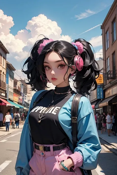 Super Detail, Attention to detail, high quality, 8k,  Black Teenage Girl、Colorful Fashion、He has afro hair and headphones、Round twin tails、Cutting edge makeup、Dance Fashion、Funky Style、Hip Hop Culture、A steampunk-inspired city in the sky, Clouds and divers...