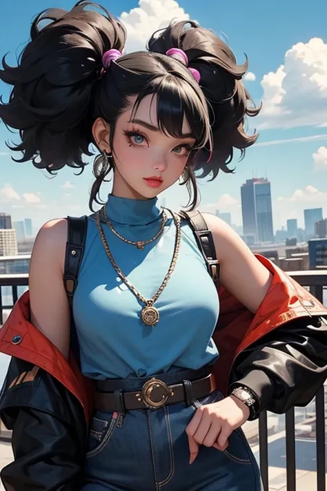 Super Detail, Attention to detail, high quality, 8k,  Black Teenage Girl、Colorful Fashion、He has afro hair and headphones、Round twin tails、Cutting edge makeup、Dance Fashion、Funky Style、Hip Hop Culture、A steampunk-inspired city in the sky, Clouds and divers...