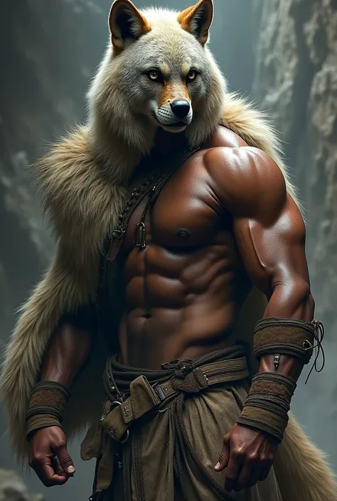 A warrior, of Afeican ethnicity, wearing the skin of a wolf over his head and shoulders but without covering his human face seen from the side