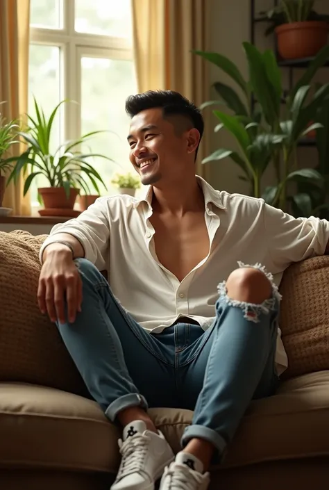 (photorealism:1.2), Handsome man indonesian aged 40 years, Clean face, smiling sweetly sitting on sofa wearing loose off-shoulder top,White shirt, ripped jeans, Nike Jordan shoes., black undercut hair, indoors, soft lighting, plants in background, window w...