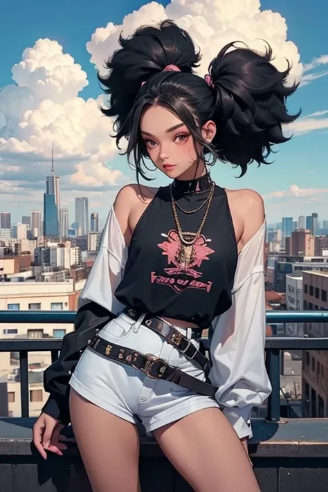 Super Detail, Attention to detail, high quality, 8k,  （Black Teenage Girl）、Colorful Fashion、He has afro hair and headphones、Round twin tails、Cutting edge makeup、Dance Fashion、Funky Style、Hip Hop Culture、A steampunk-inspired city in the sky, Clouds and dive...