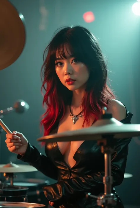 an Asian woman with black hair and red highlights, playing drums, sexly, made up and with eyeliner, confident looking, com roupa de show de rock, janice sung, set in a recording studio, dreamy rock girl,  playing a drum, photo from a promotional shoot, mad...