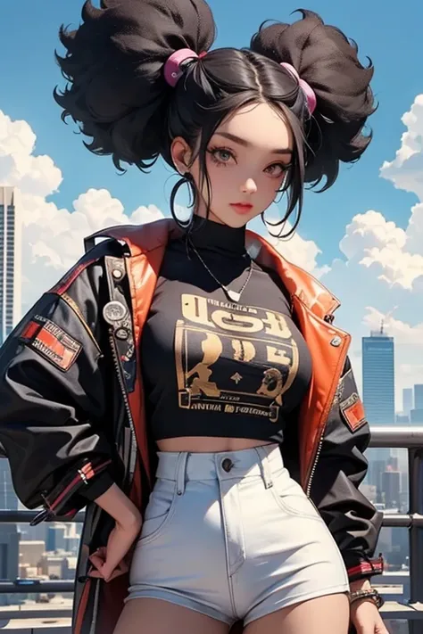 Super Detail, Attention to detail, high quality, 8k,  （Black Teenage Girl）、Colorful Fashion、He has afro hair and headphones、Round twin tails、Cutting edge makeup、Dance Fashion、Funky Style、Hip Hop Culture、Steampunk Manhattan in the Sky, Clouds and diverse ar...