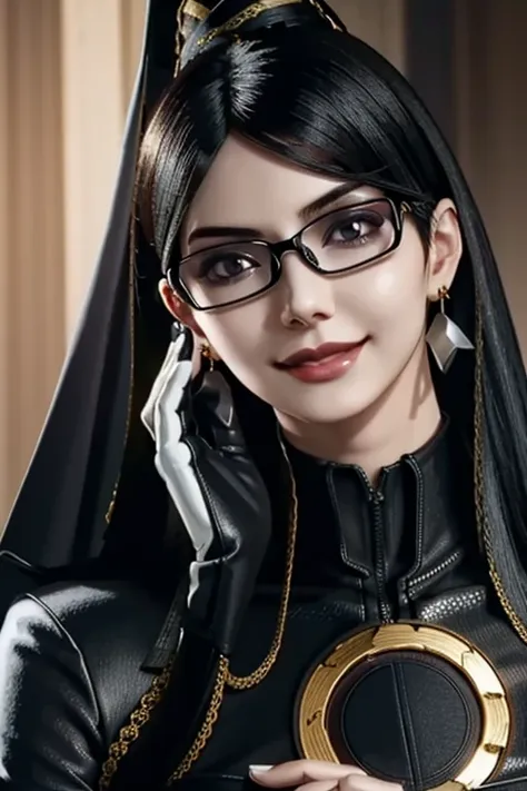 bayo, bayonetta, 1 girl, alone, mole under mouth, glasses, black hair, mole, jewelry, compensate, earrings, smile, eye shadow, p...