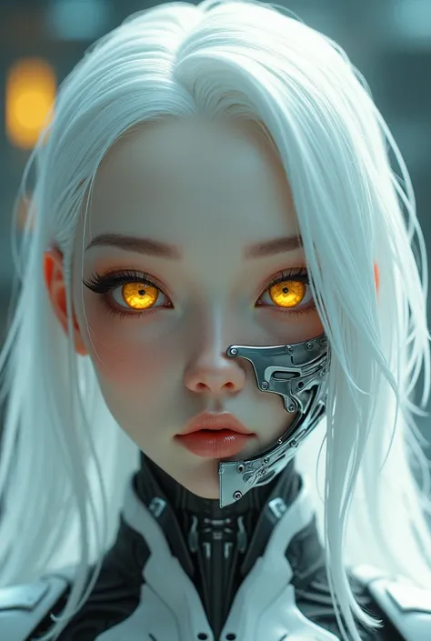 cyborg, girl with prosthesis on half of her face, cyberpunk, White hair, clear skin, gold eyes, futurist, jaw prosthesis, front look.






