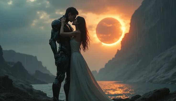 During one of these eclipses a young and handsome cyborg and a pretty young woman manage to meet on the collapsing Earth. , and hug each other in the rain (sharp image)