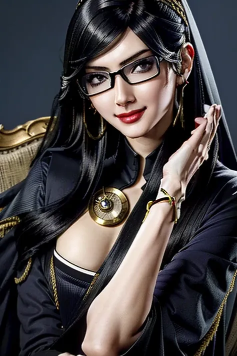 bayo, bayonetta, 1 girl, alone, mole under mouth, glasses, black hair, mole, jewelry, compensate, earrings, smile, eye shadow, p...