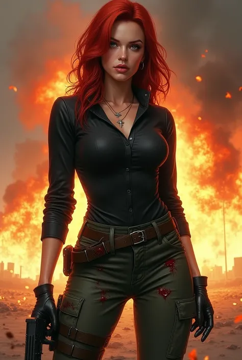 realistic drawing, A picture of an extremely beautiful red-haired woman, grey eyes, small nose, full lips, very feminine and sexy features, wearing a black leather shirt and black military cargo pants stained with blood and a gun in his hand, background an...