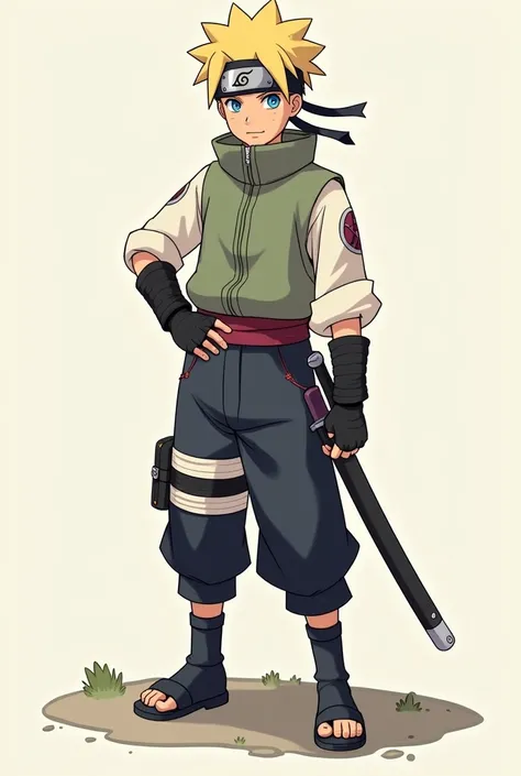 Naruto Namikaze, blond blue eyes, 13 years, square dress, chaquetilla, Pants, fencing glove and sword. Sin bandana de Konoha.