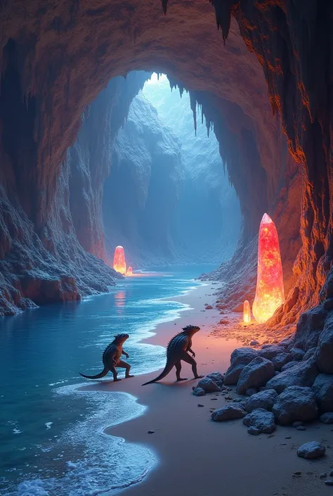 Underground beach inside a huge cave closed with colored crystals that illuminate the environment. In the environment a couple of reptilians walk along the water&#39;s edge