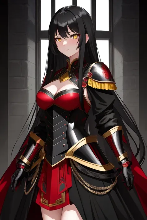 masterpiece, best quality, CG, wallpaper, HDR, young women, high quality, high-definition, extremely detailed, long black hair, red and black armored dress, yellow eyes