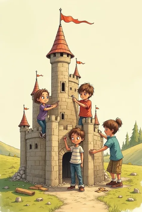 Sketch of a boy creating a castle with his friends 